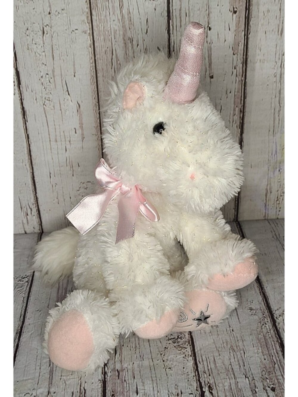 10" Vintage Russ Shining Star Pink & White Unicorn Glitter Plush Stuffed Animal
